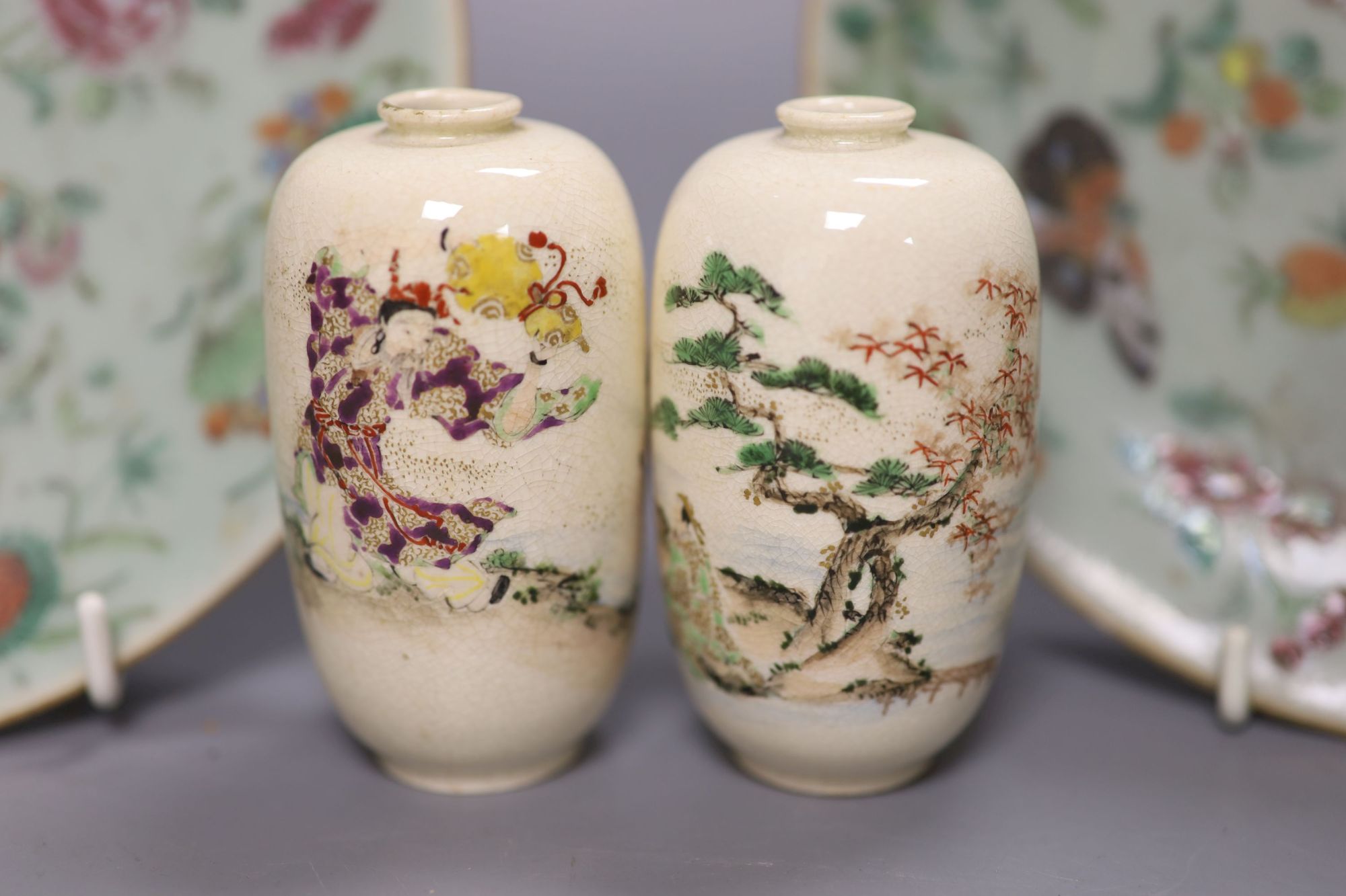 A pair of Cantonese celadon ground dishes, painted with birds and flowers, diameter 19cm, and a pair of Satsuma vases